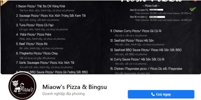 Top 5 thương hiệu bánh pizza ngon tại Vinh, Nghệ An 9 Thương hiệu bánh pizza ngon Miaow's Pizza & Bingsu
